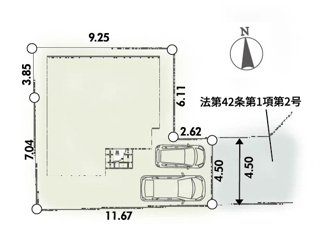 【区画図】 | 平塚市横内  1号棟 第1 | 旗竿地（間口約4.5ｍ）　東側約4.5ｍ開発道路（私道・持分有）　駐車並列2台（車種によります）　敷地面積33.3坪（路地状部分敷地含む）
