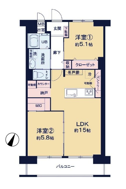スカイマンションB棟の間取り|南向きにつき陽当たり良好、収納豊富な2LDKのお部屋です。