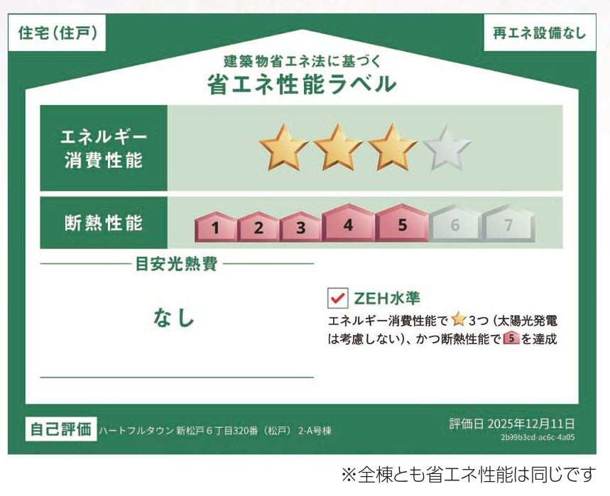 松戸市新松戸６丁目新築戸建【新松戸南小学校：4分】の省エネ性能ラベル|省エネ性能ラベル・ZEH水準
