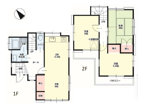 所沢市荒幡　中古一戸建　～小屋裏収納あり～の間取り|LDK11.5帖、季節物などの収納に便利な小屋裏収納あり、室内に明るい日差しが差し込む全室2面採光の3LDK。