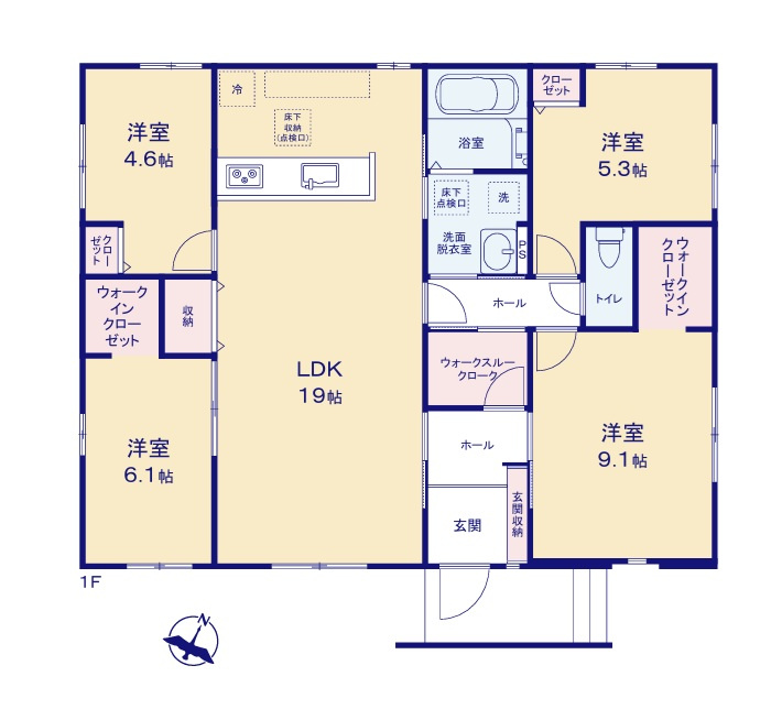 ケイアイフィット　日立市東大沼町　11期 　4の間取り|　
☆LDK広々19帖、全室二面窓で通風も良好です。回遊性のある間取りで生活動線がコンパクト、家事動線もラクラクです♪独立性の高い居室も備え、プライバシーが守られます。