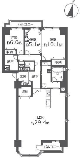 【間取り】 | 鳥居前シティハウス | 3LDK＋納戸・ペット飼育相談可能・オートロック付き・トランクルーム有り・2面バルコニー