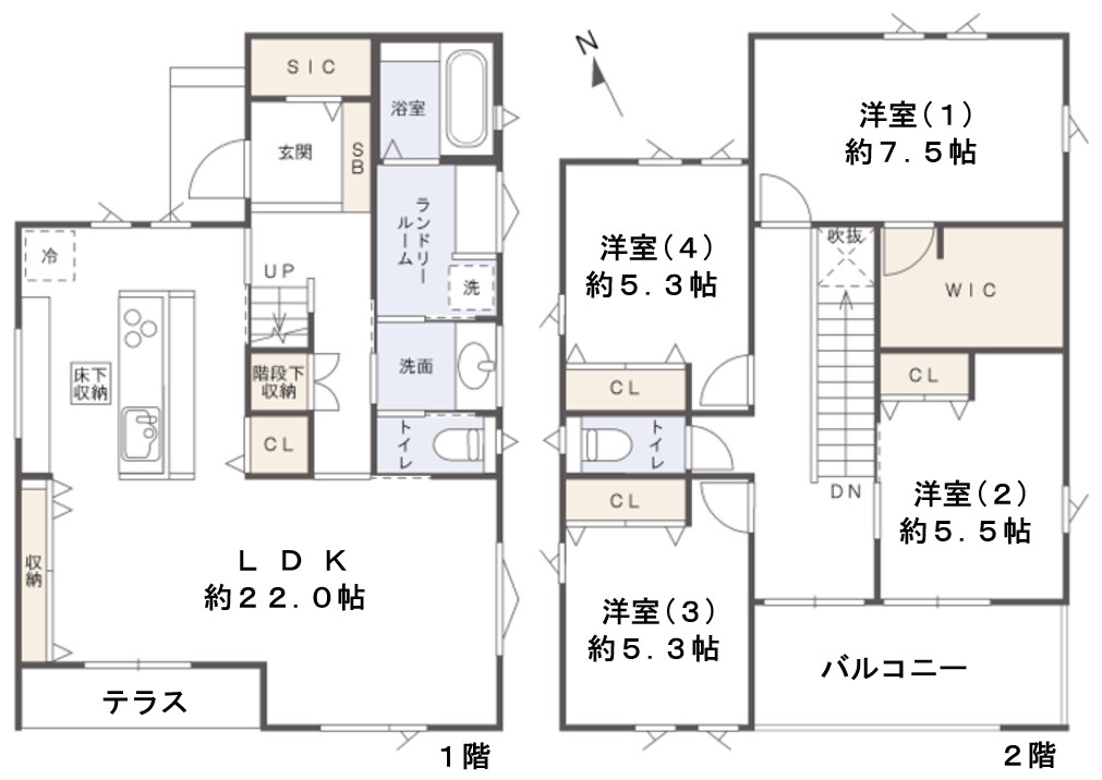 江波栄町　新築一戸建ての間取り|LDK２２帖、主寝室７．５帖、洋室５．５帖、洋室５．３帖、洋室５．３帖