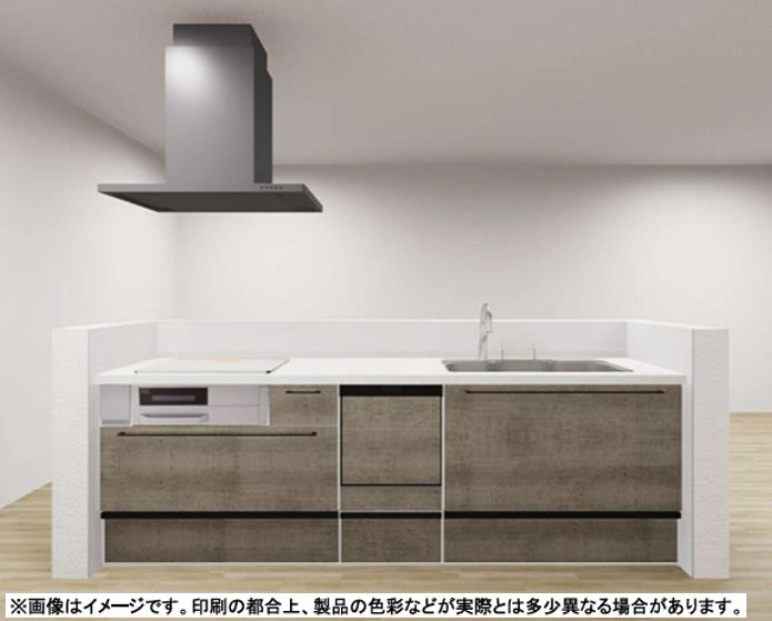 江波栄町　新築一戸建てのキッチン|アイランドキッチンの背面にカップボードが付いています。