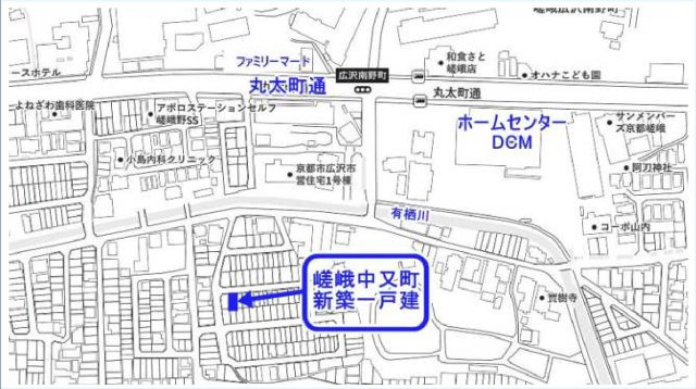 嵯峨中又町　新築3階建　LDK約15帖・駐車可　2沿線利用可能の地図|JR嵯峨嵐山駅徒歩約11分、京福車折神社駅徒歩約6分の2沿線利用可能な立地。周辺は生活施設も整った便利な住環境です。