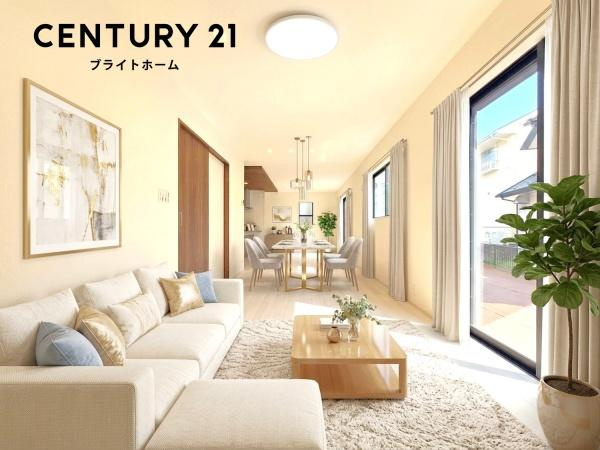 横浜市青葉区荏田西２丁目の新築一戸建の居間・リビング|窓からは明るい光が差し込みます！
電気をつけなくても明るいです。
※家具等はＣＧでの参考レイアウトです。