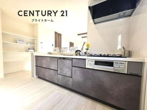 横浜市青葉区大場町の新築一戸建の内観：施工例|同社仕様のキッチンです！
食器洗機付きになります！
設備、収納充実のキッチンです。
