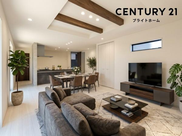 横浜市青葉区千草台の新築一戸建の居間・リビング|窓からは明るい光が差し込みます！
電気をつけなくても明るいです。
※家具等はＣＧでの参考レイアウトです。