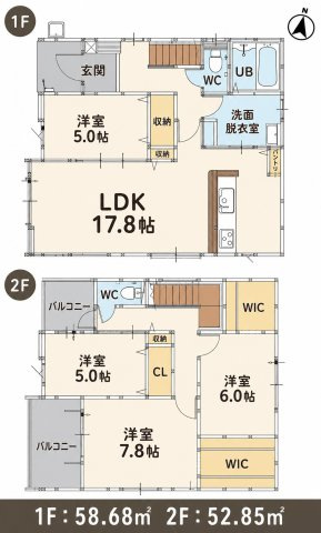 久留米市南４丁目の新築一戸建の間取り|玄関からすぐに洋室があるため、ご家族のお部屋としてはもちろん、客間や在宅ワークスペースとしても活用可能。水回りはキッチン・洗面脱衣室・浴室を効率よく配置し、毎日の家事動線にも配慮しました。
