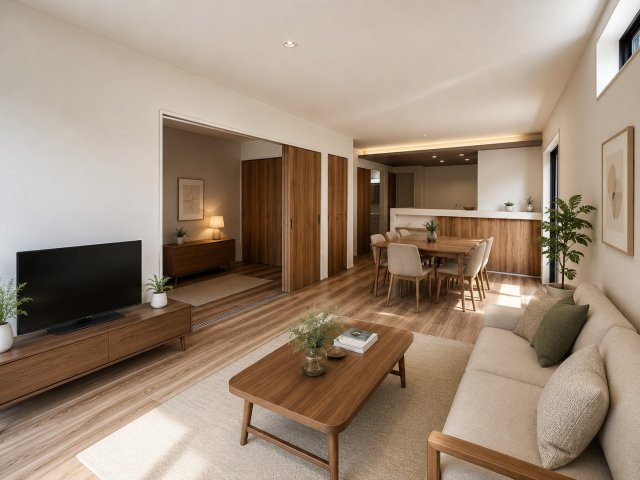 久留米市南４丁目の新築一戸建の居間・リビング|陽光がたっぷり差し込む、家族が自然と集まる広々LDK。