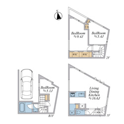 【間取り】 | 約16.6帖のLDKはご家族が集まる心地よい空間 。2階の2部屋は勾配天井で開放感があり、WICも完備 。地下には車庫と居室を備え、静かに過ごせるプライベートな時間も大切にできます ！