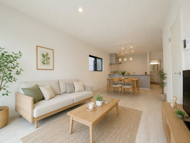 昭島市緑町5丁目　新築戸建全2棟の居間・リビング|LDK広々19.7帖！！※家具はCGイメージです。