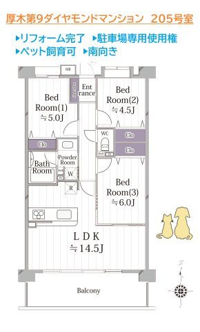 【現地画像あり】厚木第9ダイヤモンドマンションの間取り|南向きにつき、室内には明るい日差しが差し込みます☆　　　　　　　　
全室エアコン設置でき、各部屋ご家族のプライベート空間にも◎
