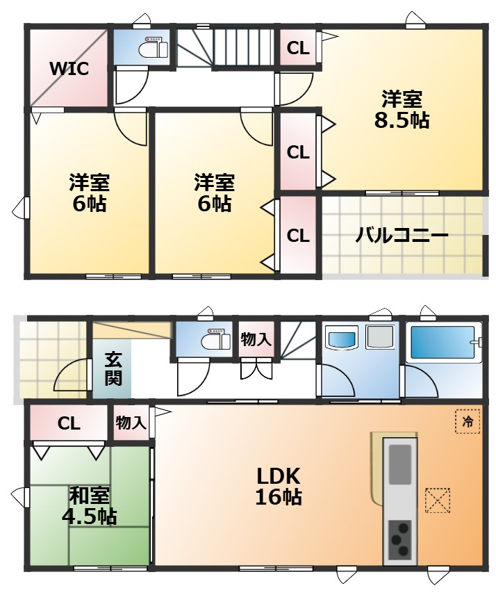 CRADLEGARDEN小山市城北第11の間取り|全室南向きで陽当たりの良い間取りです