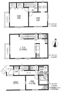 【間取り】 | 厚木市妻田北3丁目  1号棟 6期 | 3LDK　準耐火建築物　網戸標準仕様　シャッター2箇所付　玄関ドアFamiLock　食洗器・浄水器　浴室乾燥機+窓・浴室TV　室内物干し　バルコニー2箇所　WIC　LDK16.8帖　メイン洋室8帖