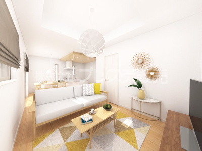 【居間・リビング】 | 生駒市中菜畑２丁目の新築一戸建 全６区画  | ２号地リビング完成イメージ／ＬＤＫ19.12帖！南向きですので、陽あたり良好です♪※モデルハウスあり