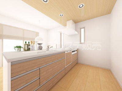 【キッチン】 | 生駒市中菜畑２丁目の新築一戸建 全６区画  | ２号地キッチン完成イメージ／人気のフルフラットキッチン♪食器洗い乾燥機＆浄水器を標準装備！