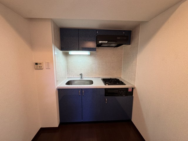 フェニックス新橋弐番館のキッチン|自炊派に嬉しい都市ガス対応の２口コンロを採用したシステムキッチンです。上部には吊戸棚があり、調理器具や食器も効率よく収納可能。ブルーのパネルがアクセントの清潔感ある空間で、毎日のお料理も楽しめます。