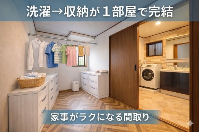 家事楽動線×片づけ場所大容量の５LDKの完成予想図|この物件で過ごすイメージAI作成画像