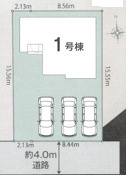 藤沢市長後01期 新築戸建て全1棟の区画図|南道路　整形地
車種により並列３台駐車可能