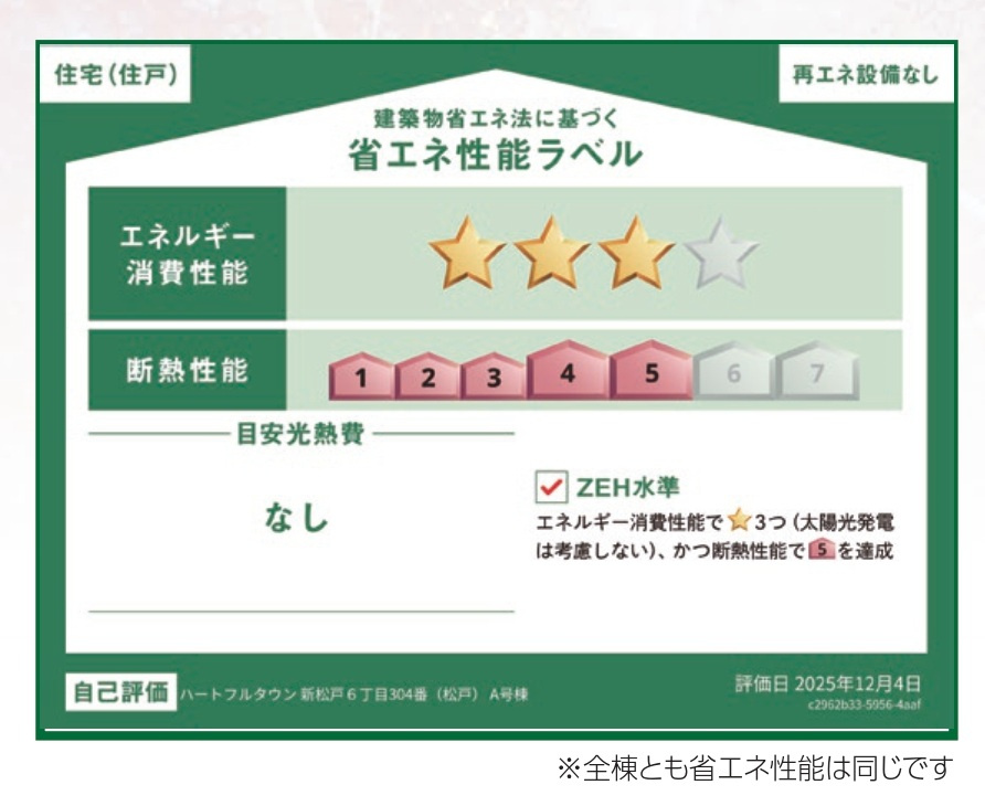 松戸市新松戸６丁目新築戸建【新松戸南小学校：4分】の省エネ性能ラベル|省エネ性能ラベル・ZEH水準