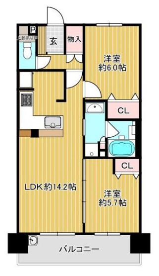 【間取り】 | プレサンスロジェKUMATA | 【2LDK＋東向きバルコニー☆】太陽光発電システム採用！光熱費が削減！バス追炊機能・浴室乾燥機完備☆24時間ゴミ出しOKです♪