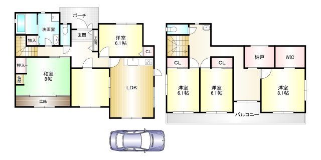 磯城郡田原本町新木の間取り|5LDK　土地面積：215.71㎡　建物面積：158.57㎡　駐車スペースあり