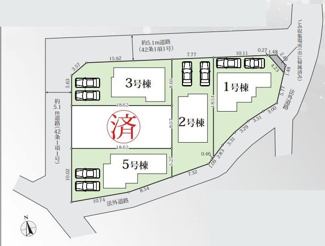 【区画図】 | 秦野市渋沢 3号棟 6期 | ３号棟　北西角地　北側5.1m道路　西側5.1m道路　カースペース２台（車種による）