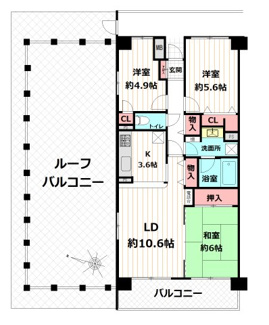【間取り】 | ベルドゥムール柏湯元温泉 | 開放感のあるルーフバルコニー付きです