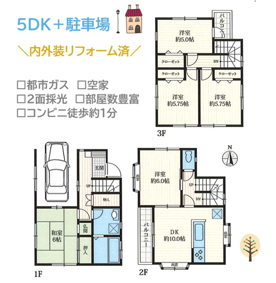 【間取り】 | 大家族や二世帯にも対応できる部屋数豊富な５DKプラン◎　　　
３階建てならではのプライベート空間が魅力♪