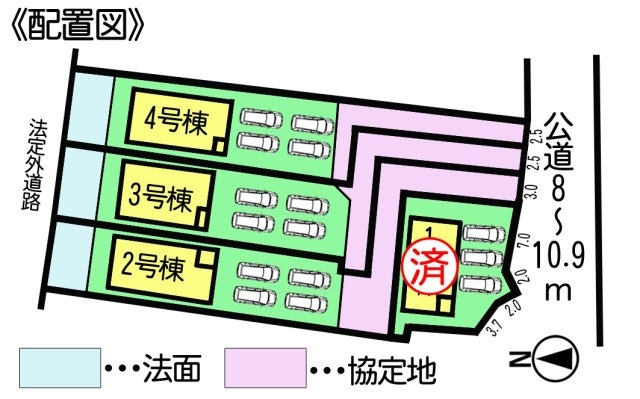 クレイドルガーデン常滑市西阿野町第1　3号棟の区画図|○●区画図●○
全区画ゆとりのあるカースペースあり♪車の出し入れスムーズで日常のストレスを減らしてくれます。