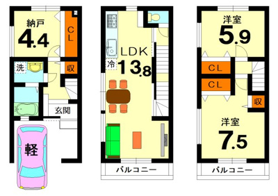 【土地図＋建物プラン例】 | 坊門町 売土地 | 【建物参考プラン】■建物価格：1700万円
■建物面積：76.98㎡　　１階：20.70㎡　2階：28.14㎡　3階：28.14㎡