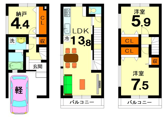 【土地図＋建物プラン例】 | 坊門町 売土地 | 【建物参考プラン】■建物価格：1700万円
■建物面積：76.98㎡　　１階：20.70㎡　2階：28.14㎡　3階：28.14㎡