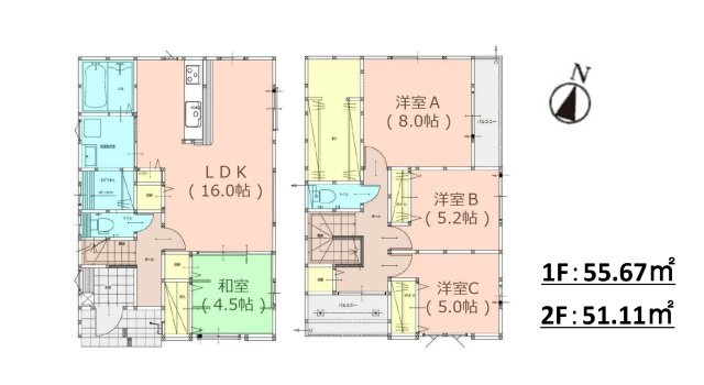 福岡市西区大字千里第5-1棟(1号棟)の間取り|全居室収納付きで便利です。