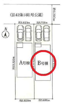 西尾市戸ケ崎5丁目4番　新築分譲住宅　全2棟　B号棟の区画図