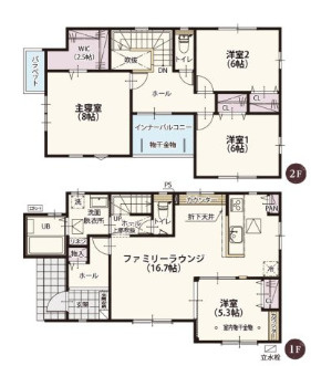 ワイウッドコート渋川市渋川第1期2号棟の間取り|収納充実♪南向きの4LDKで陽当たり良好な間取りです！
土地面積186.02㎡、建物面積106.82㎡で十分な広さです！
