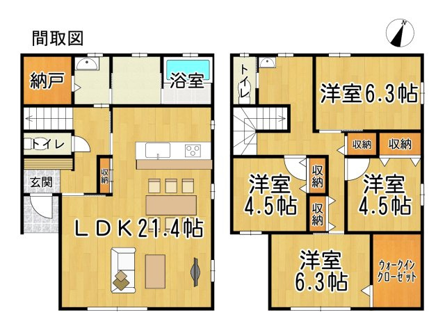 常滑市市場町4丁目　中古戸建の間取り|○●間取り図●○
収納豊富な４LDK。2方向に窓のある明るく開放的な21帖のリビング。南側の6帖の洋室にはウォークインクローゼット完備♪