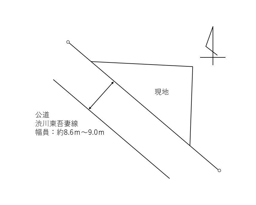 渋川市横堀　売地の土地図|敷地北西側道路とやや高低差あり