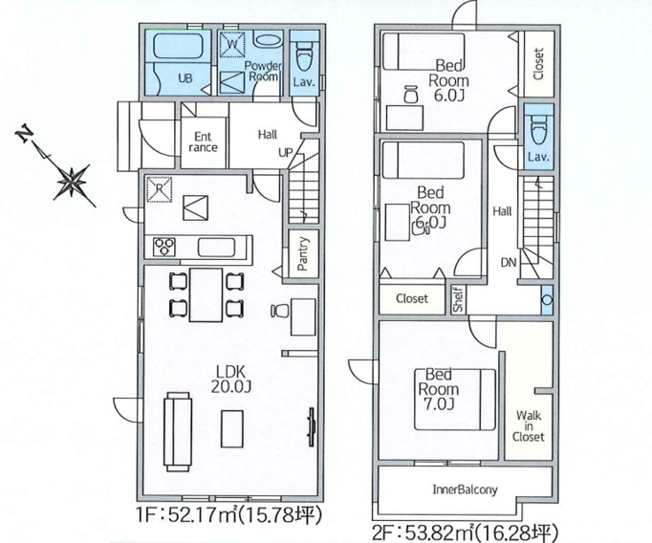 【間取り】 | 高崎市上並榎町　新築住宅 | パントリーを備えた20帖の広々としたLDKが魅力です。2階にはインナーバルコニーや大容量のウォークインクローゼット、全居室にクローゼットを配した収納力◎の3LDKです。