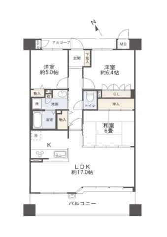 サーパス古江新町の間取り|専有面積76.67㎡　バルコニー面積12.95㎡　アルコープ面積3.97㎡の３ＬＤＫの間取りです。