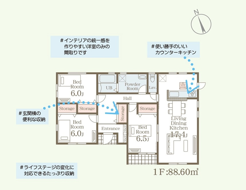 新築　伊勢崎市国定町第3　2号棟　Livele Garden.Sの間取り|3LDK　建物約26坪　平屋建て！リビング広々17.4帖！全居室6帖以上！広々3帖の洗面脱衣所！