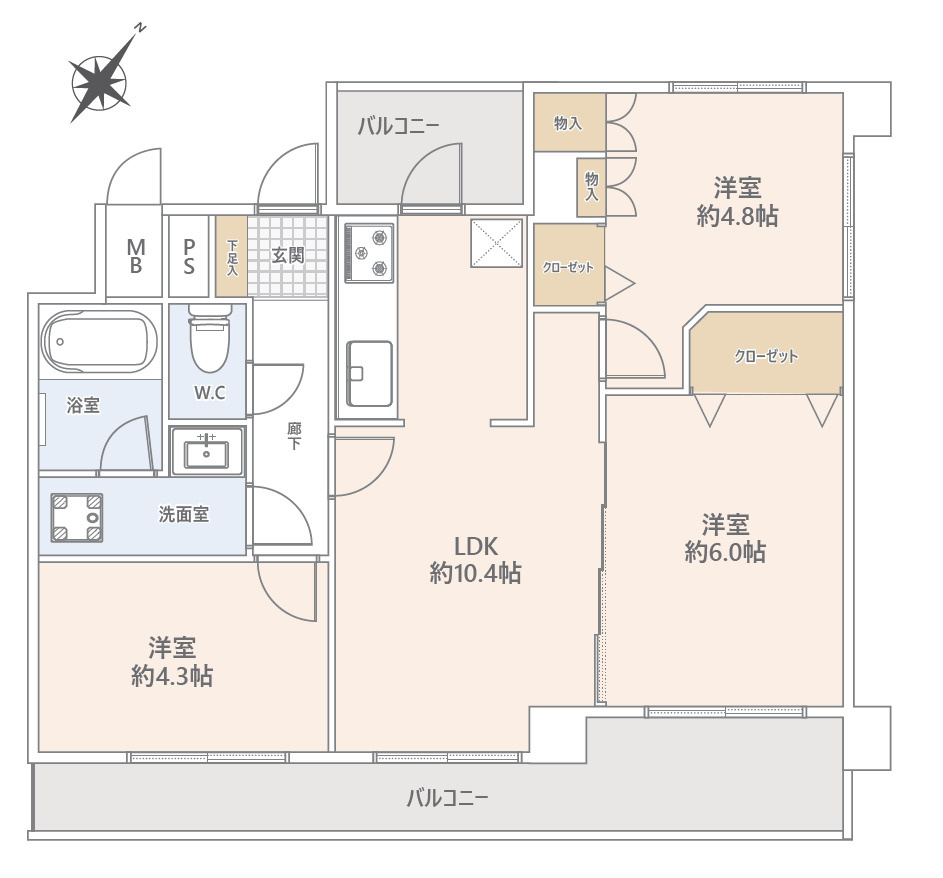 グリーンコーポ淵野辺の間取り|3LDK、価格2680万円、専有面積57.12m²、バルコニー面積12.37m²