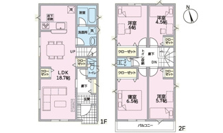 【間取り】 | 佐伯区五日市町大字美鈴園（全4区画）No3 | LDK18.7帖のゆとりある4LDKプランです。全居室にクローゼットを備え、1階には床下収納や廊下収納、2階にはトイレ収納も配置。家事動線に配慮した水回り集約設計と、南向きバルコニーが特徴です。