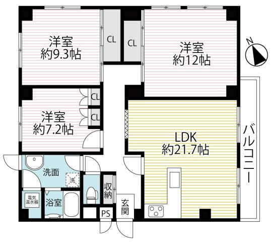 淀駅徒歩９分の駅近マンション◆最上階＆三方角住戸◆全居室７帖以上の広々３ＬＤＫ◆セントラルハイツ淀の間取り