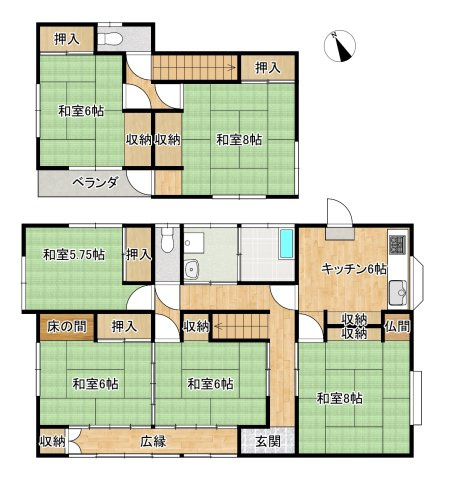 いわき市四倉町西一丁目中古住宅 陽当たり良好！ 不動産プラスの間取り|リフォーム以前の間取り図です。各部屋に収納があるので、部屋を広く使える間取りになっています。畳の部屋が多いイメージになるかと思います。