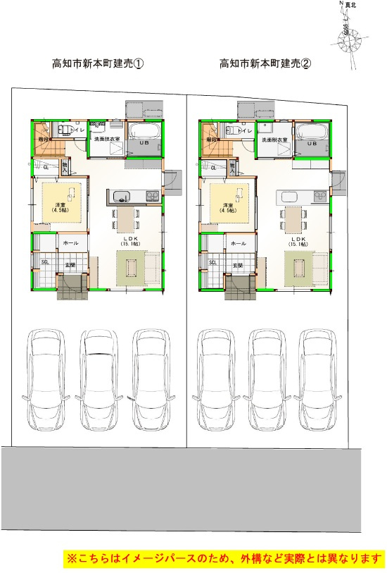 高知市新本町1丁目　新築戸建　①（全2区画）の区画図|①　土地面積　147.23㎡（約44.53坪）建物面積　103.02㎡（約31.16坪）