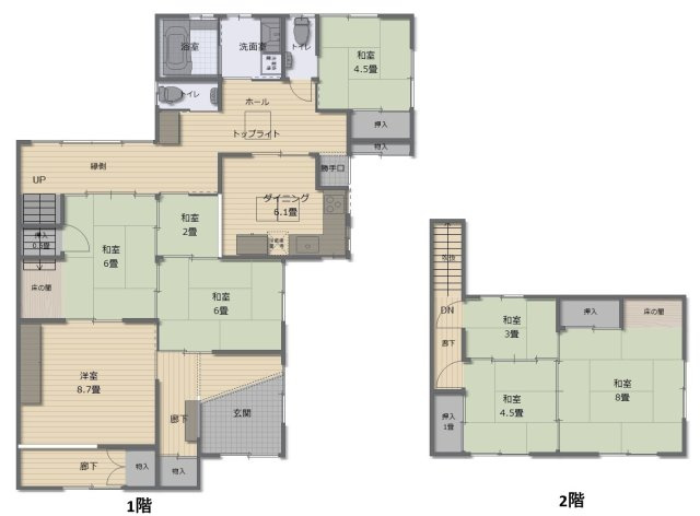 津山市椿高下　2階建中古住宅の間取り