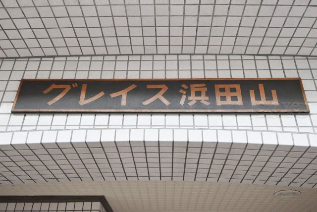 【現況写真】 | グレイス浜田山 | エントランスに掲げられた、マンション名を示す館銘板。さほど激しく主張はしませんが、しっかりと掲示されています。～即日のご見学可能～　お問合せはお気軽にどうぞ。

