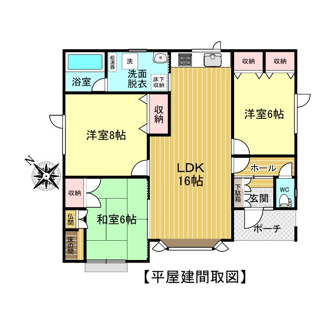 北見市川東２１番地１９　平屋建中古売家の間取り|間取りは3LDKでリビング16帖、8帖洋室と6帖洋室、6帖和室です。