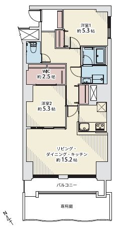 【間取り】 | シャンボール豊平 | 2LDK・専用庭付・宅配ボックス有り・トランクルーム有り・夜間オートロック付き・ウォークインクローゼット有り